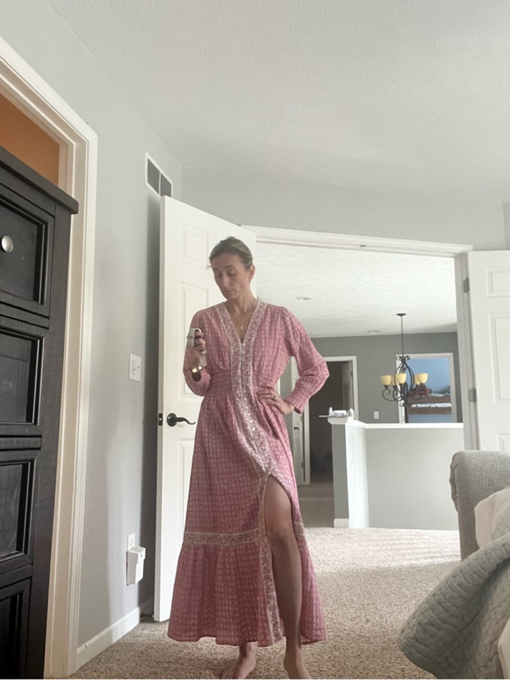 Marea button front with winches waist Maxi Dress with Lace Trim